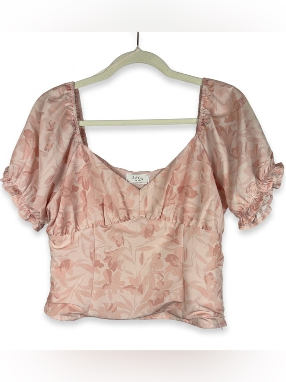SAGE The Label Pink Floral Puff Sleeve Sweetheart Crop Top - Size L